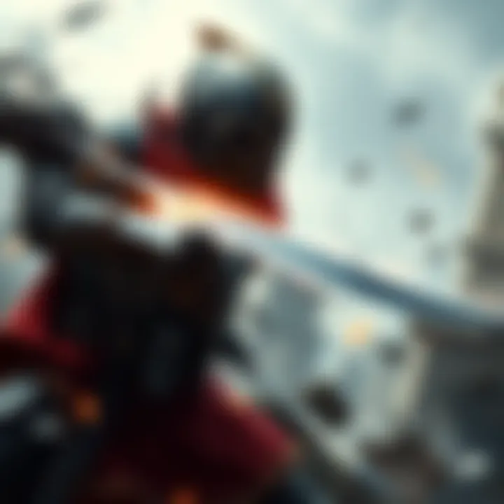 A skilled melee fighter engaged in combat, showcasing their weapon and armor while executing a powerful attack.