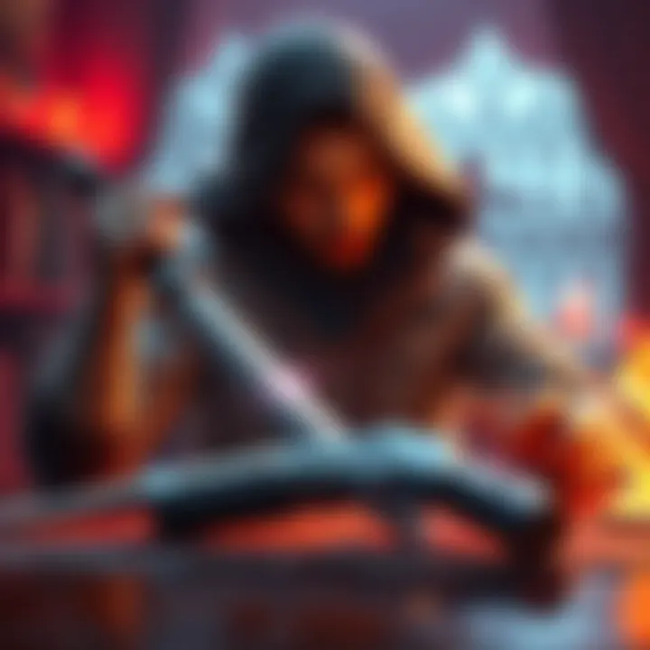 A gamer debating between melee and gun skills in a fantasy setting, showcasing a sword and a gun on a table