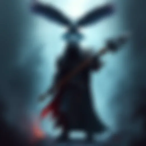A melee warlock character standing in shadowy armor, wielding a dark weapon, with a ghostly raven above them, symbolizing their connection to the Raven Queen, surrounded by an eerie mist.