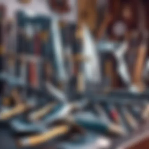 Concept of melee weapons A display of various melee weapons like swords, axes, and clubs on a table, with a focus on their details and designs