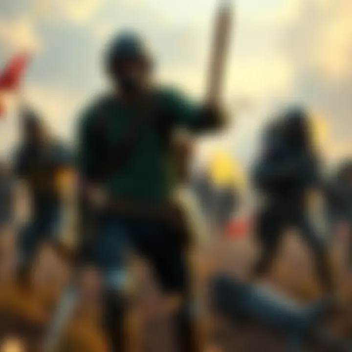 A battlefield scene showing characters discarding melee weapons, with a focus on the transition to ranged combat.