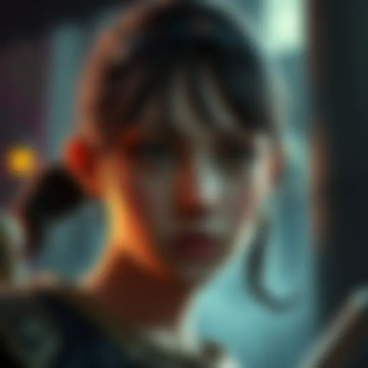 A close-up of Mélie, a character from A Plague Tale Requiem, looking concerned, with a gloomy background reflecting the game's atmosphere.