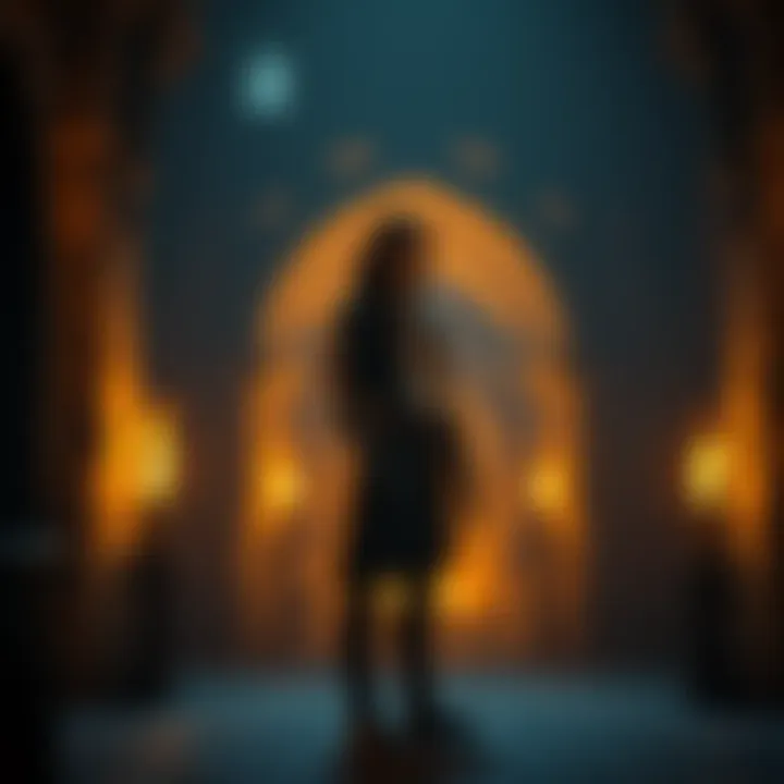 Melina character stands in Roundtable Hold, looking towards the viewer with a serene expression, surrounded by dimly lit stone walls and warm light from torches.