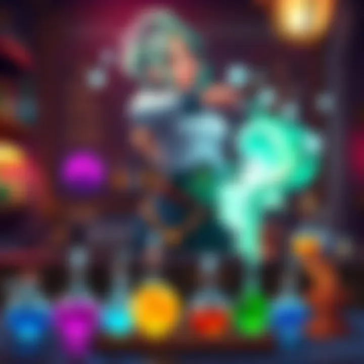 Melusine, a lively sorcerer and innkeeper, stands behind the bar in her colorful inn, mixing potions with a cheerful expression. Various potions bubble around her, showing some mishaps and vibrant col...