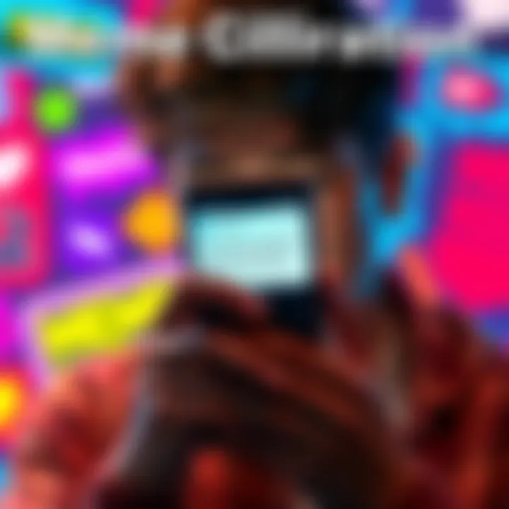 Meme Clarification A person looks thoughtfully at their phone, displaying a meme that explains a previous message. The background features colorful graphics related to memes.