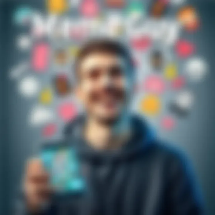 A cheerful young man smiling widely, holding a smartphone with meme images on the screen, surrounded by colorful meme graphics