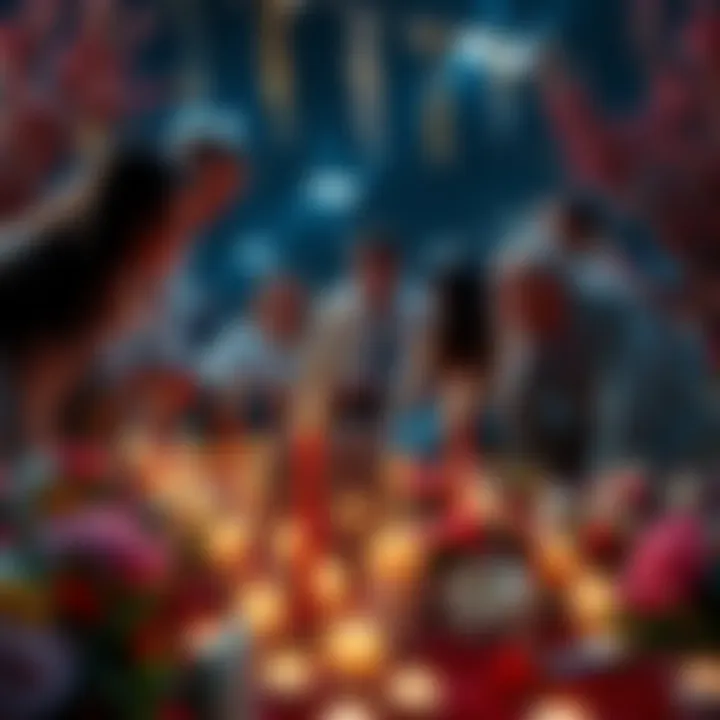 A heartfelt memorial setup with flowers and candles honoring Young Angel, surrounded by friends and family sharing memories.