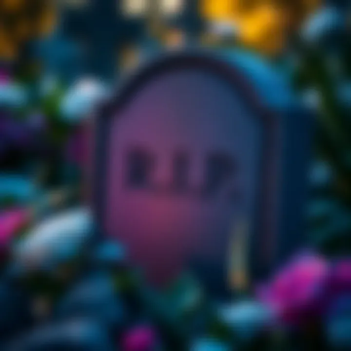 A close-up of a gravestone with the phrase R.I.P engraved, surrounded by flowers.