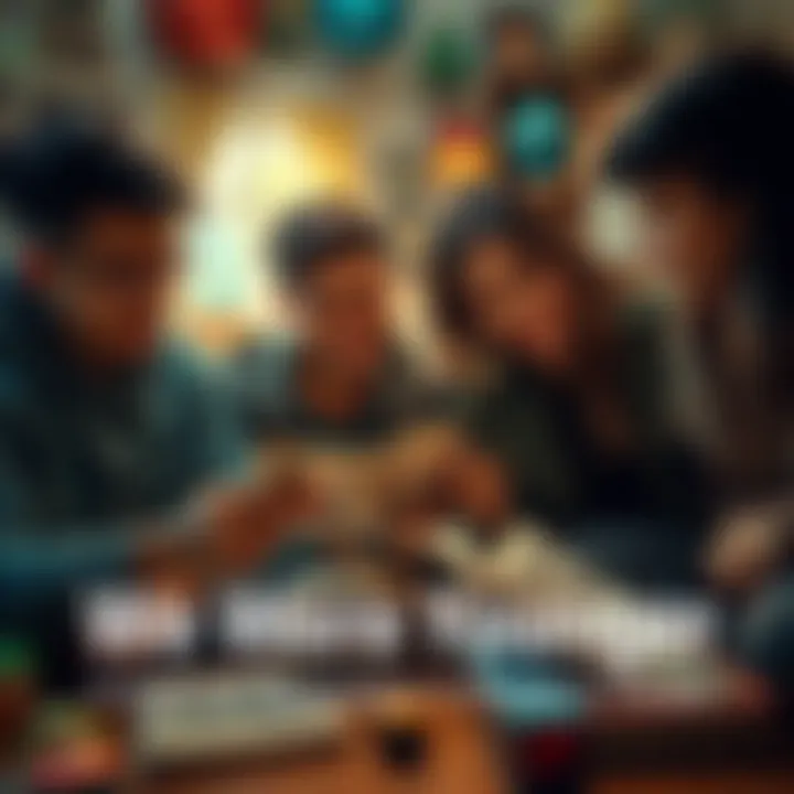 A group of friends reminiscing over old photographs, smiling and sharing stories about their childhood, surrounded by nostalgic items like toys and books.