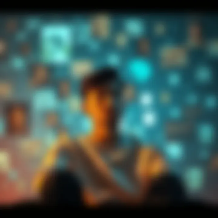 A person sitting with a pensive look, surrounded by fragmented images representing memories