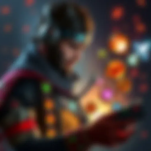 A character optimizing memory slots with spells and buffs for melee combat, surrounded by glowing icons representing different abilities.