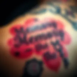 A close-up of a tattoo that reads 'Memory is the key', surrounded by symbols representing memories like a clock and key.