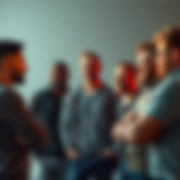 A group of men engaged in a conversation about body image and masculinity, showcasing diverse body types and expressions of self-awareness.