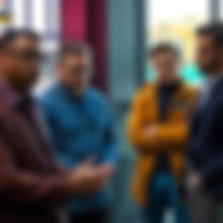 A group of diverse men discussing their roles and identities in a modern setting.