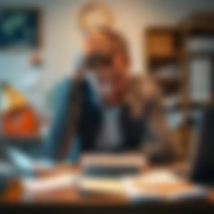 A person sits at a desk, holding their head in frustration, surrounded by papers and a laptop. They appear overwhelmed and deep in thought.