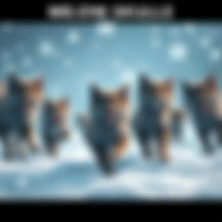 A group of playful Meow Skulls cats frolicking in a snowy landscape with snowflakes falling around them.