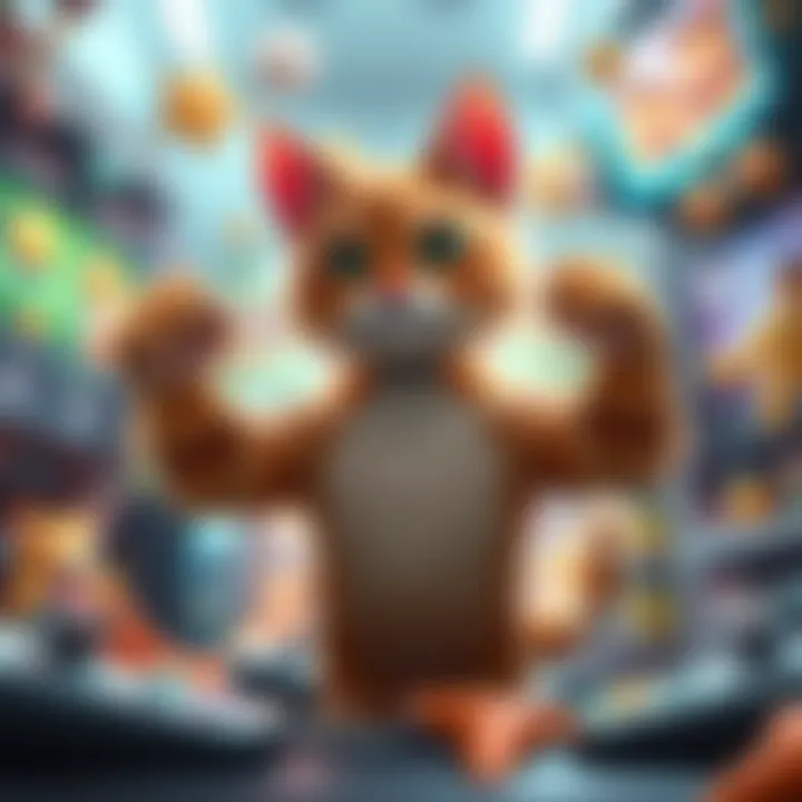 A character named Meowscles flexing muscles, surrounded by colorful gaming elements, showcasing its playful and quirky nature.