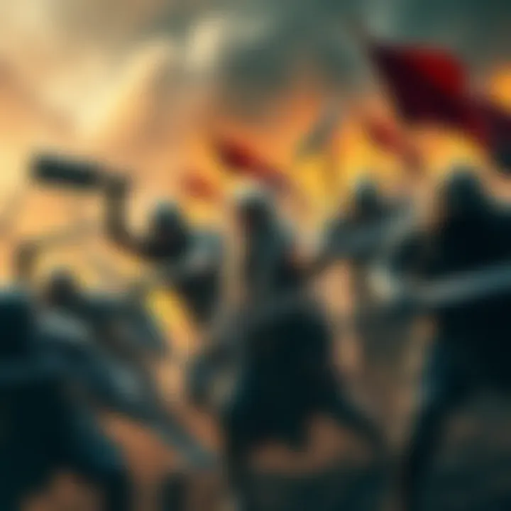 A group of mercenaries engaging in fierce combat, showcasing diverse warriors and their weapons in a gritty environment.