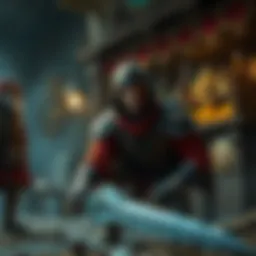 A mercenary character looks frustrated after dropping a weapon while trying to buy blessings from a vendor in a game setting