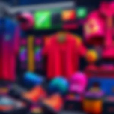 A collection of colorful merchandise featuring designs inspired by in-game cosmetics including apparel, accessories, and collectibles