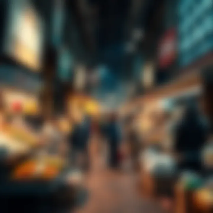 A vibrant local market with merchants selling various goods to shoppers, highlighting the importance of commerce in the community.