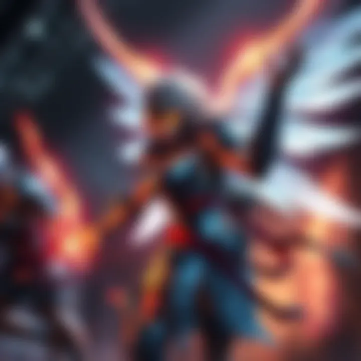 Mercy, a healer character, is shown using her abilities to revive teammates during an intense battle, surrounded by bright lights and energy effects.