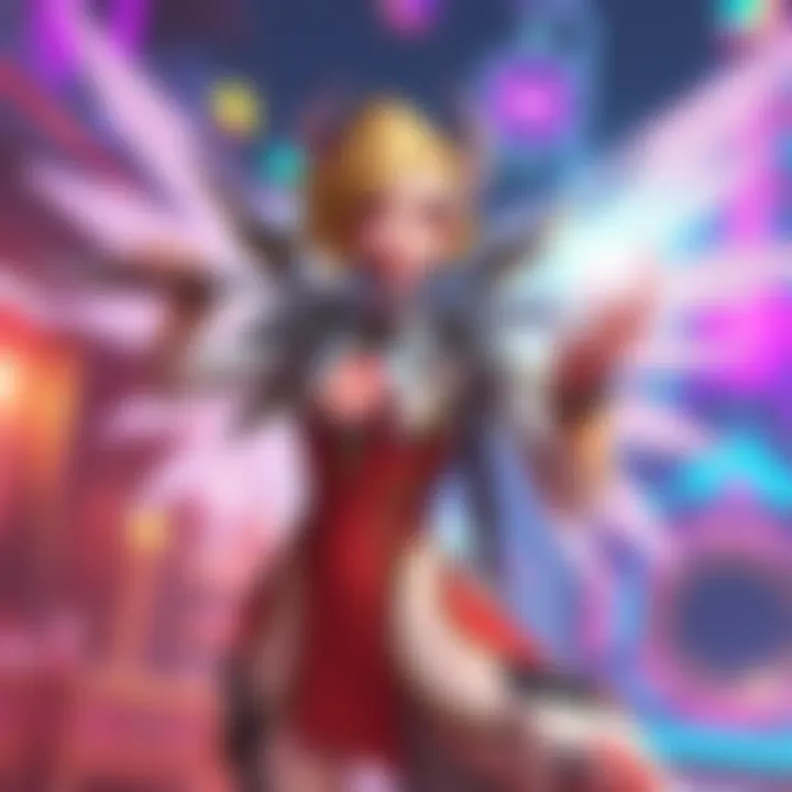 A digital character resembling Mercy from Overwatch, performing a healing action in a colorful gaming environment.