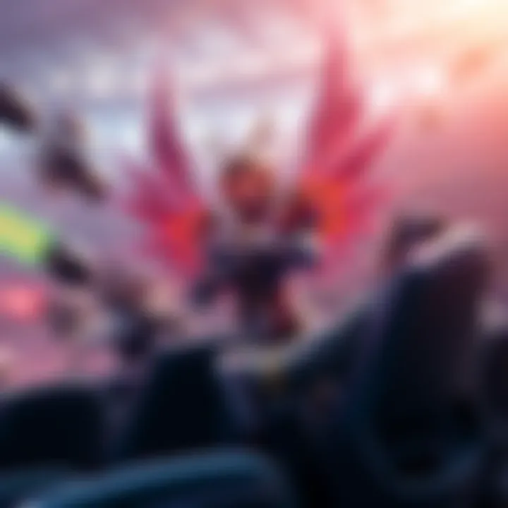 A character resembling Mercy is healing teammates in a stadium setting while strategizing. The focus is on the healing ability and teamwork dynamics. Characters are engaged in battle around them.