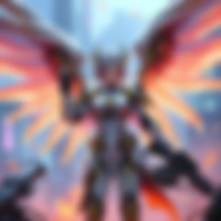 A digital illustration of Mercy, a healer character in Overwatch, with her wings spread, ready to revive teammates in a combat scene.