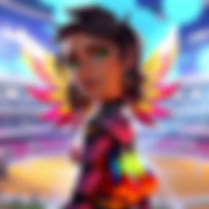 A character named Mercy wearing a colorful All Star Stadium Skin on a vibrant stadium background