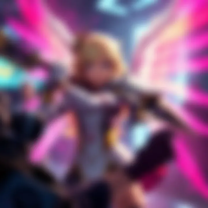 A digital illustration showing the character Mercy in action within a competitive game setting, with players discussing her role and impact on gameplay.