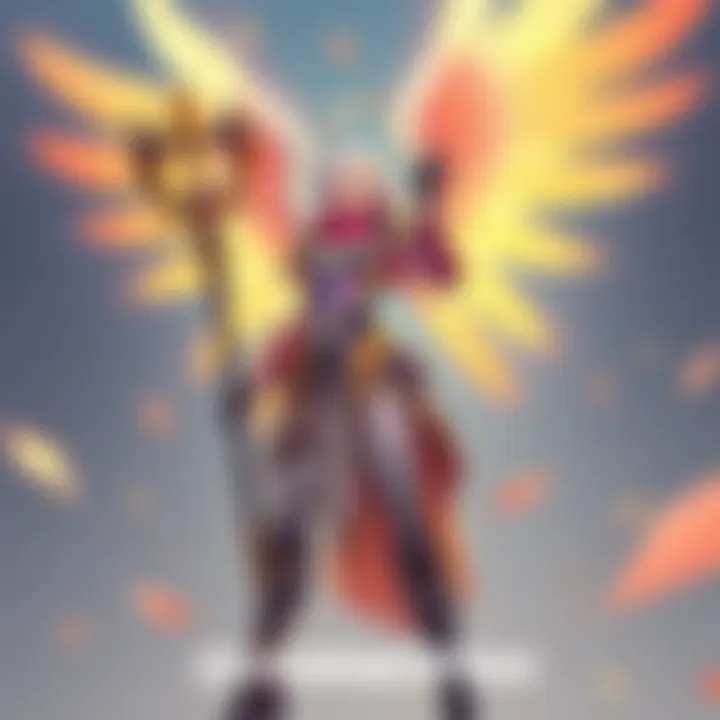 An illustration of Mercy, a healer character in Overwatch, standing with a glowing staff, showing her signature wings and a determined expression.