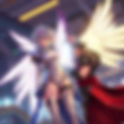 A Mercy character healing a Genji character in an Overwatch game setting, showcasing teamwork between the two heroes.