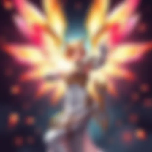 Mercy character with healing abilities Illustration of Mercy character performing healing burst with glowing effects