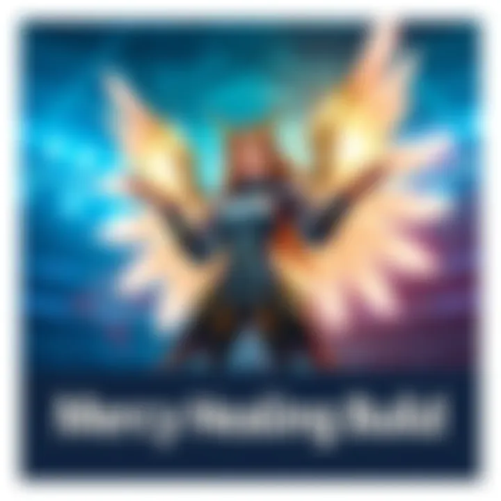 Mercy Healing Build A digital illustration of a character named Mercy in a gaming environment, showcasing her abilities to heal teammates with bright healing beams in a stadium setting.