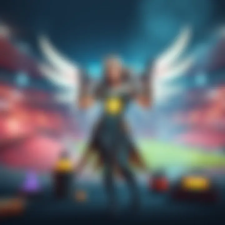 A character named Mercy using healing abilities in a stadium setting, surrounded by various healing items, showcasing her effectiveness in support roles.