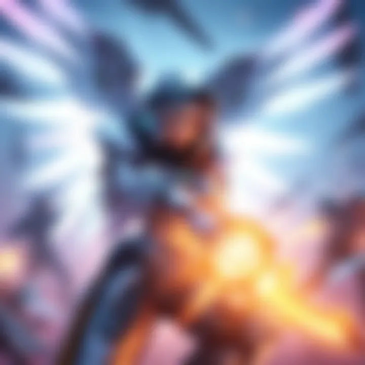 Mercy from Overwatch using her staff to heal teammates in a battle scene