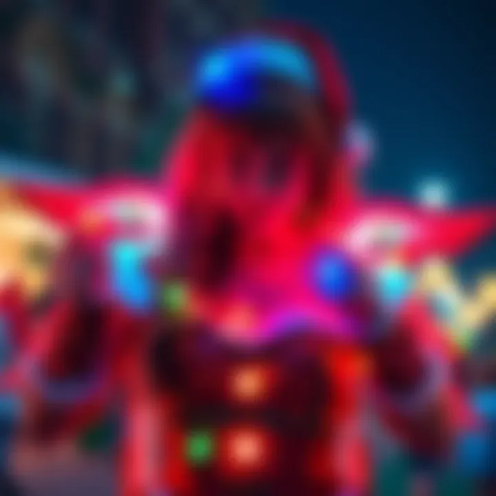 A person in a colorful Mercy Jingle Belle cosplay with handmade props, celebrating Christmas spirit.