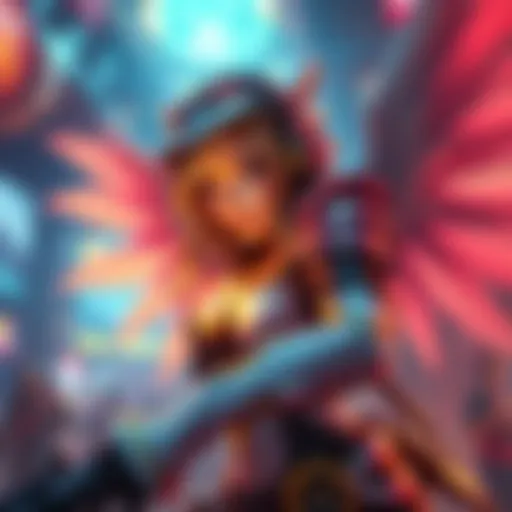 A gamer playing as a Mercy character, healing teammates in a vibrant game setting