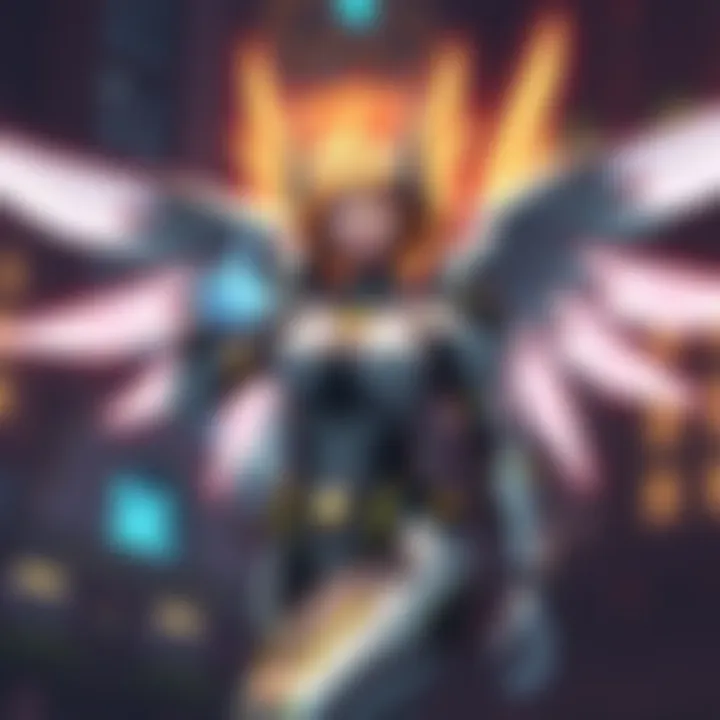 Mercy in Overwatch pinging cooldown Mercy character in Overwatch signaling her resurrection cooldown to teammates in a game setting