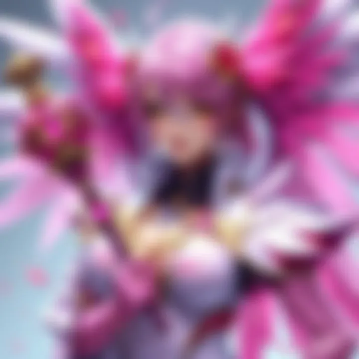 Concept art of Mercy in her Sakura skin, featuring a pink and white outfit with floral designs and a healing staff.
