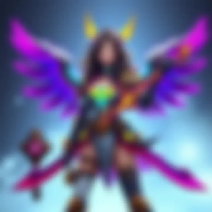 A character design of Mercy featuring a skin that matches her mythic weapon, showcasing bright colors and intricate details