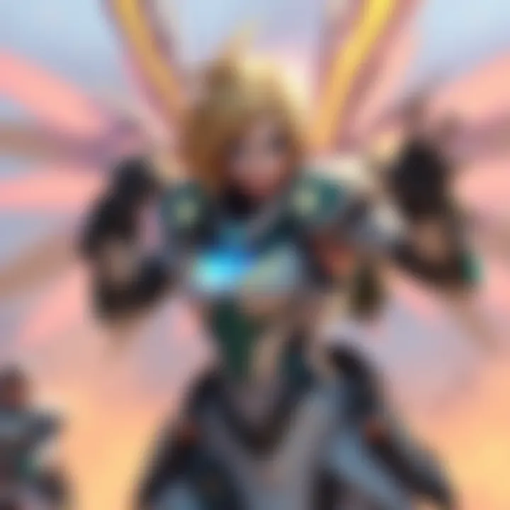 Mercy, a support hero from Overwatch, using her abilities to heal teammates during a game battle