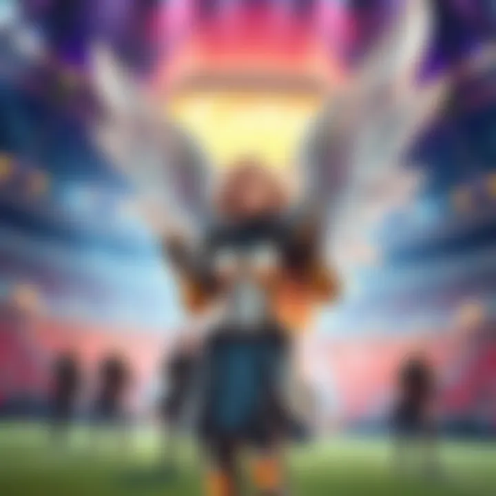 A character named Mercy providing support to teammates in a vibrant stadium setting, highlighting teamwork and strategy during a crucial gameplay moment.