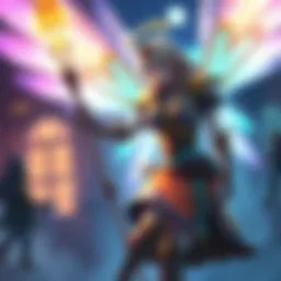 Mercy Supporting Teammate A character resembling Mercy, dressed in a healer's outfit, is using a glowing staff to revive a teammate in a dynamic gaming scene.