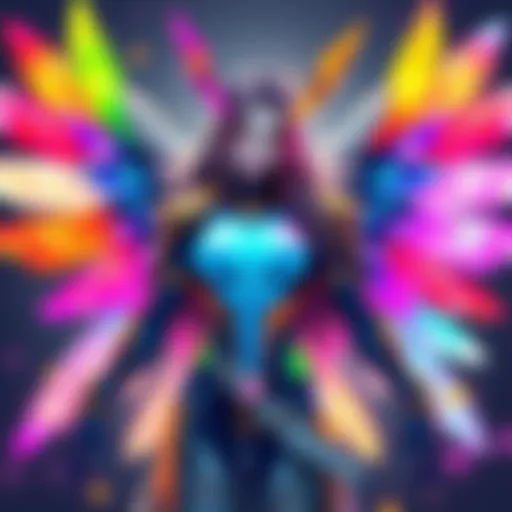 A colorful illustration of Mercy showcasing various unique skins representing different styles and designs.
