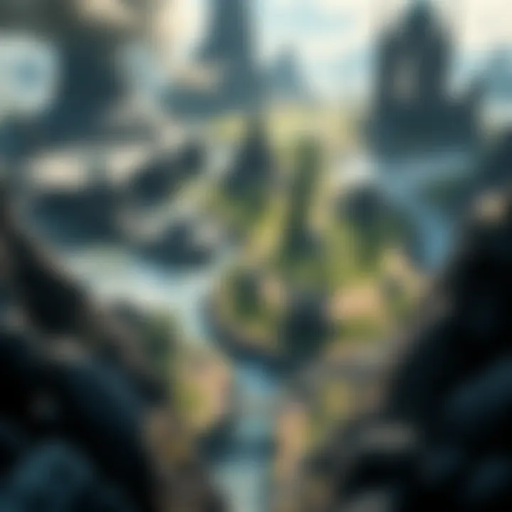 Merged Multiplayer Map Concept A digital illustration showing a combined landscape of two multiplayer game maps, featuring diverse terrains and structures from both 5 and Resistance.