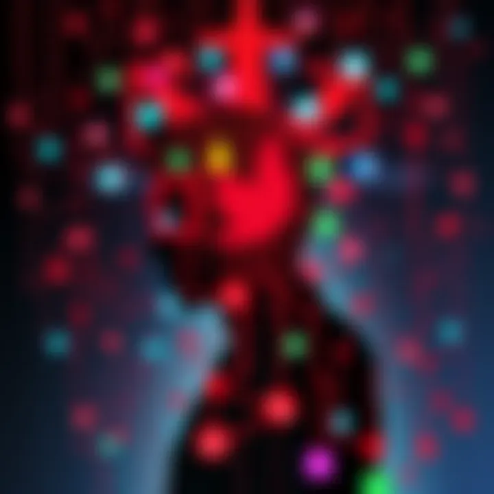 A visual representation of multiple digital identities overlapping with a person's silhouette, showing confusion and distress. The background includes social media icons and glitch effects to symboliz...