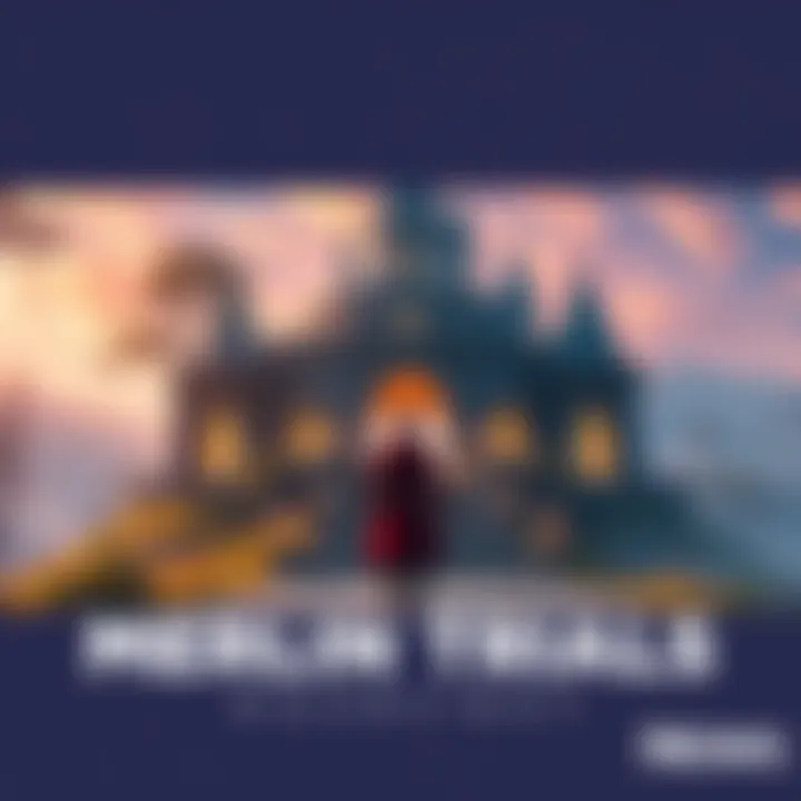 Merlin Trials Overview A character standing in front of a magical structure surrounded by nature, preparing for a trial adventure.