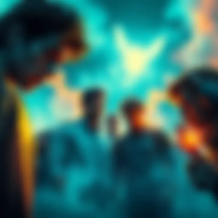 Participants in Merlin Trials A group of people participating in the Merlin Trials, facing various challenges and engaging in teamwork activities.